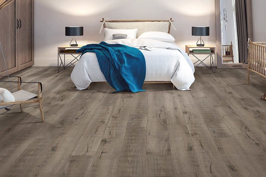 Modern bedroom with wooden flooring, a cozy bed, blue throw blanket, and stylish decor.