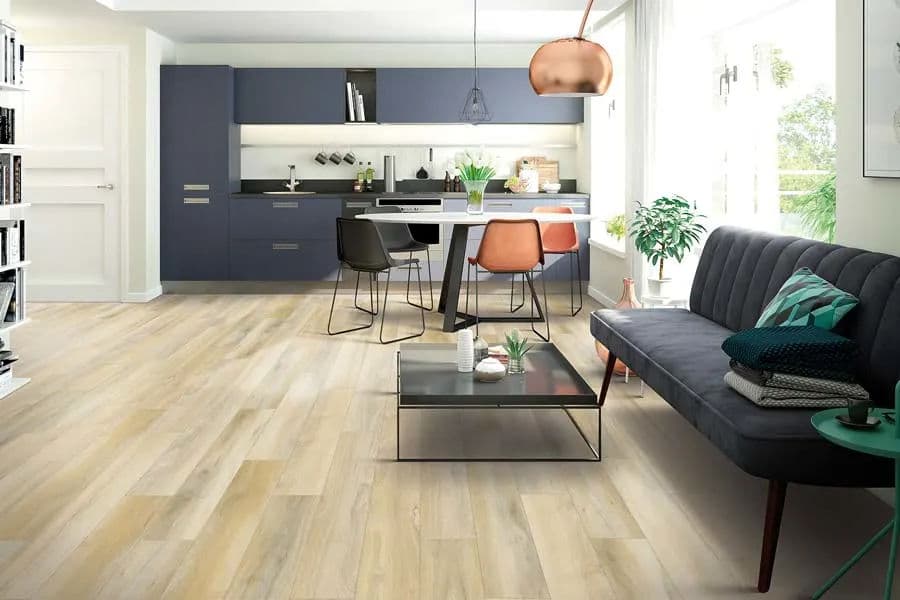 Modern kitchen and living area with sleek furniture, wooden floor, and stylish decor.
